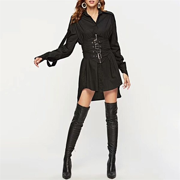 MUSHROOM LEE - Áo đầm sơ mi dài tay thắt đai lưng - màu đen