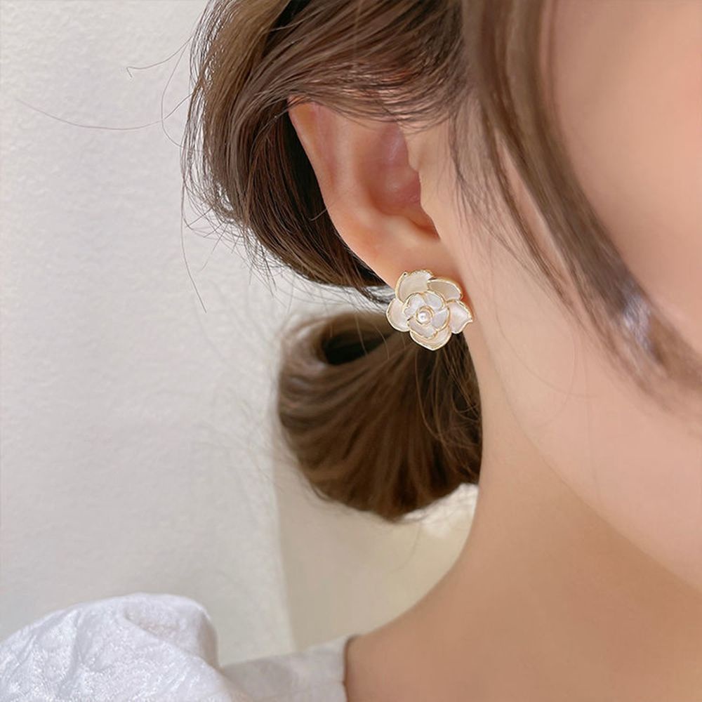 Bông tai hình hoa trà đính ngọc trai phong cách Hàn Quốc thanh lịch cho nữ