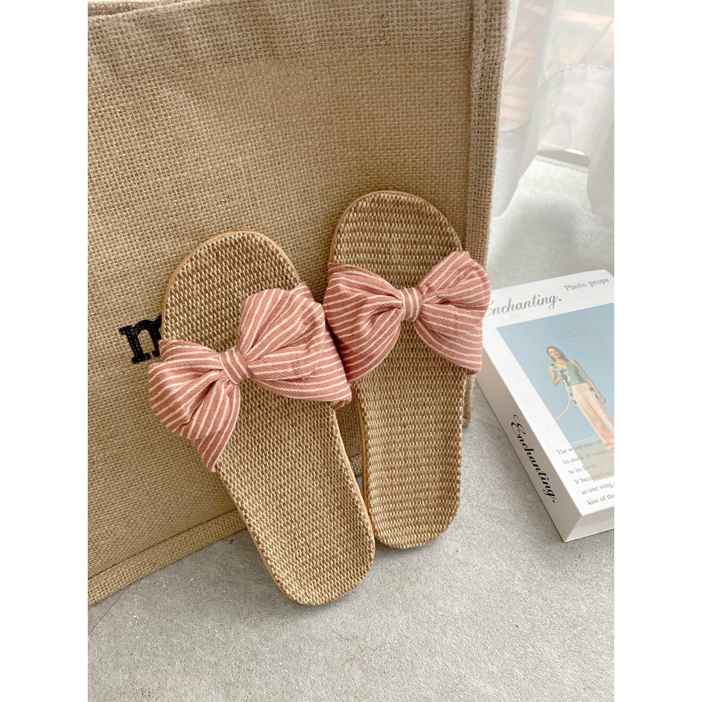 Dép nữ đế cói mùa hè quai nơ vải sọc nhẹ tênh