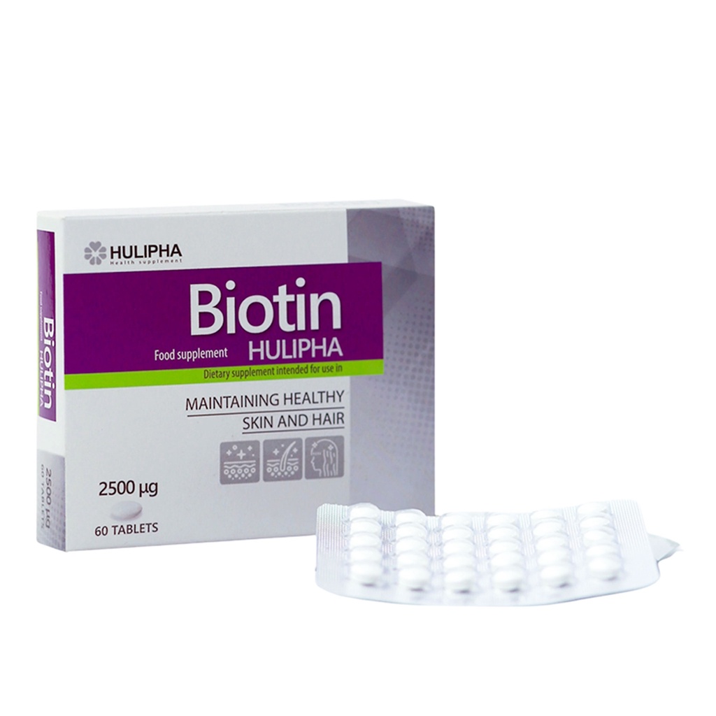 Viên uống Biotin Hulipha giúp bổ sung Biotin cho da, móng, tóc, hỗ trợ giảm rụng tóc, đẹp da, giảm lão hóa da
