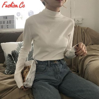 Áo thun cotton cổ cao màu trắng dễ phối đồ hợp thời trang