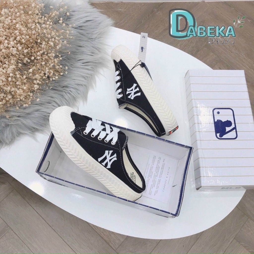 Giày Sục Thể Thao Nữ Hở Gót Ny Vải Thể Thao Đế Độn 4Cm Hothit - Giày Lười Đạp Gót Mlb Nữ Thêu Chữ N - Dabeka - D016