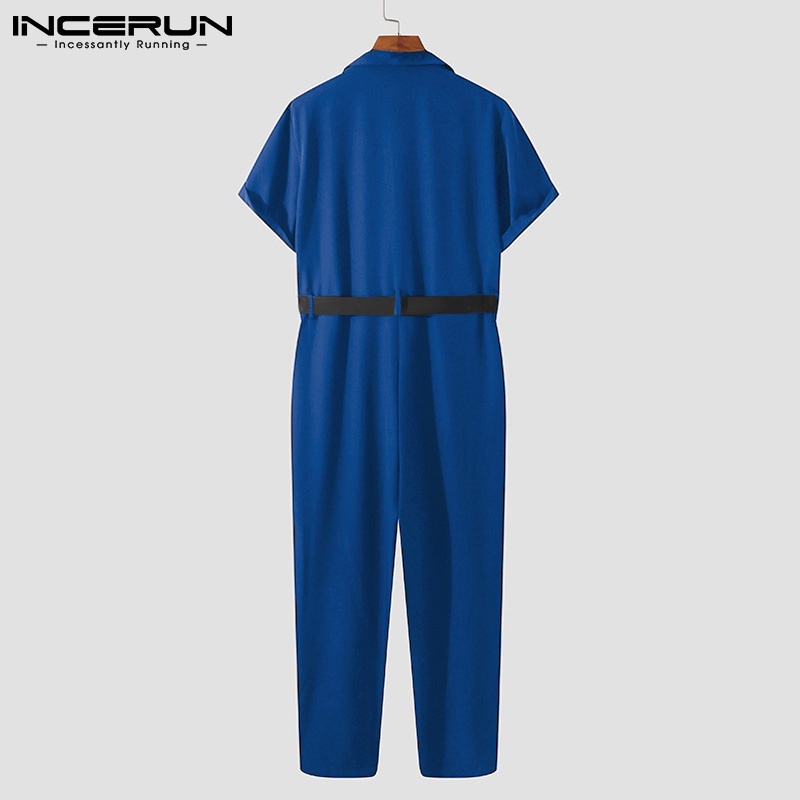 Áo liền quần INCERUN tay ngắn cổ bẻ có thắt lưng phối dây kéo thời trang cho nam