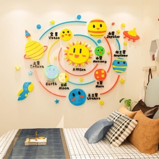 Tranh dán tường mica 3d hệ mặt trời, trang trí mầm non, trang trí khu vui chơi trẻ em