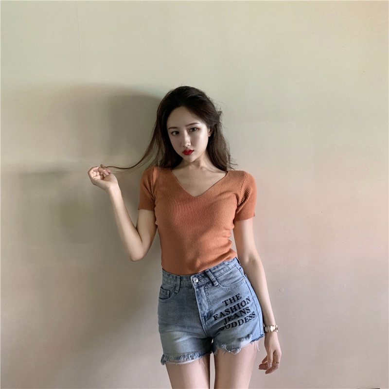 Áo Croptop Dệt Kim Tay Ngắn Cổ Chữ V Màu Sắc Thanh Lịch