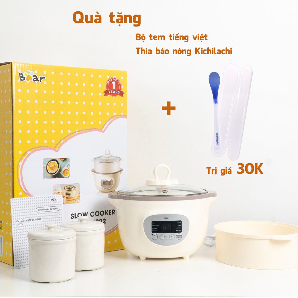 Nồi nấu cháo chậm Bear, nồi nấu cháo ninh hầm cách thủy Bear 1,6 lít bao gồm 3 thố sứ và 1 lồng hấp [TEM TIẾNG VIỆT]