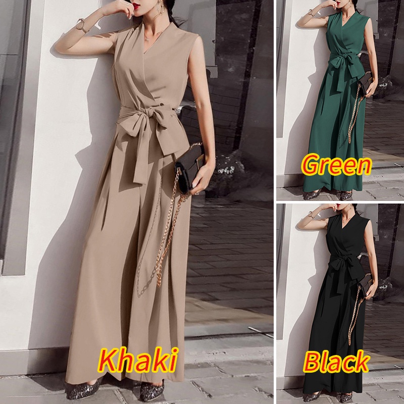 Áo liền quần ZANZEA không tay cổ chữ V lưng cao ống rộng màu trơn thời trang cho nữ