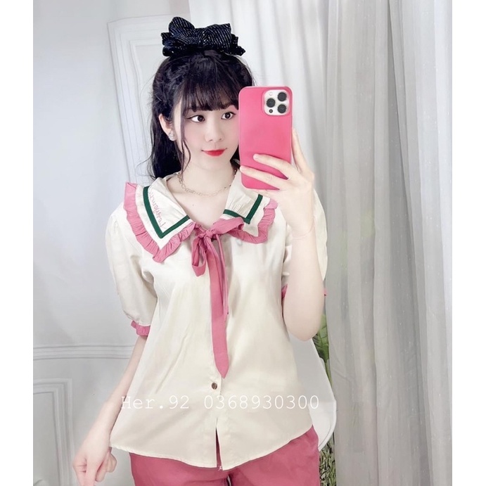 Bộ pijama tiểu thư chất đũi lụa áo cộc quần dài đồ ngủ xinh cho mùa hè