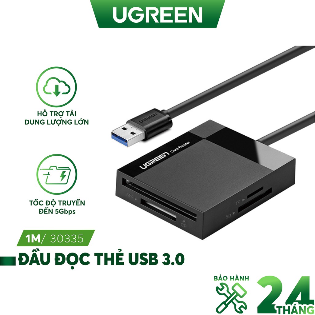 Đầu đọc thẻ USB 3.0 hỗ trợ thẻ TF/SD/CF/MS dài 0.5-1.5m UGREEN CR125