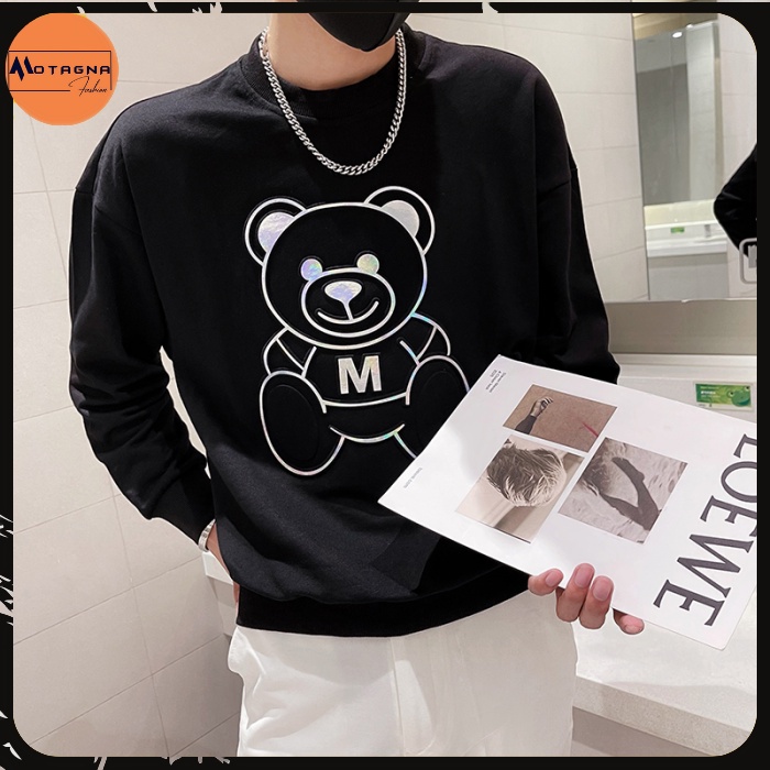 Áo nỉ dài tay nam, Áo tay dài nam cổ tròn, thời trang dáng ôm in Gấu M cute mã NZ696