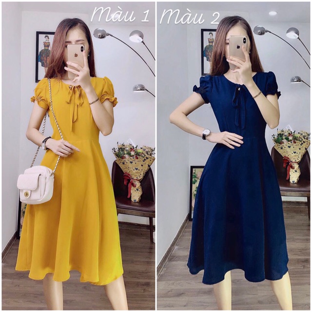 Bán Sỉ Đầm xoè cổ buộc nơ tay nhún bèo 2 màu thiết kế