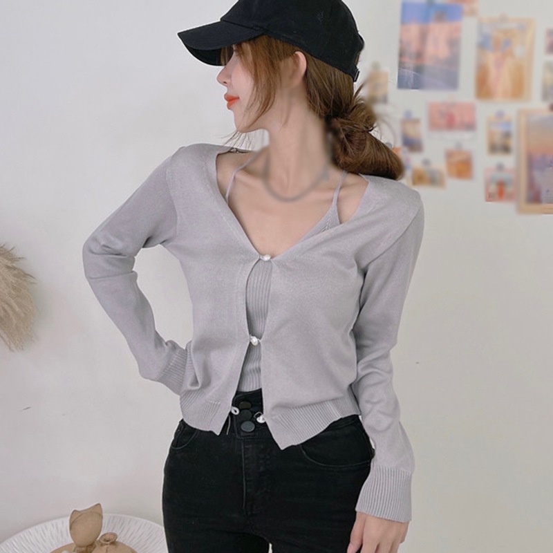 Set Áo Cardigan Dệt Kim Tay Dài + Áo Hai Dây Màu Sắc Đơn Giản Phong Cách Hàn Quốc Cho Nữ