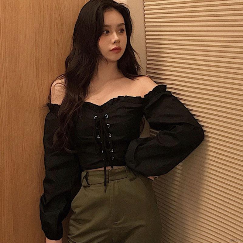 Áo Kiểu Trễ Vai Tay Dài Màu Trơn Thiết Kế Cột Dây Phong Cách Hàn Quốc