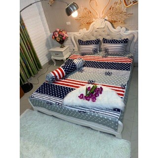 Bộ chăn ga gối 5 món Cotton Poly Cờ Mỹ ,Ga gối cotton