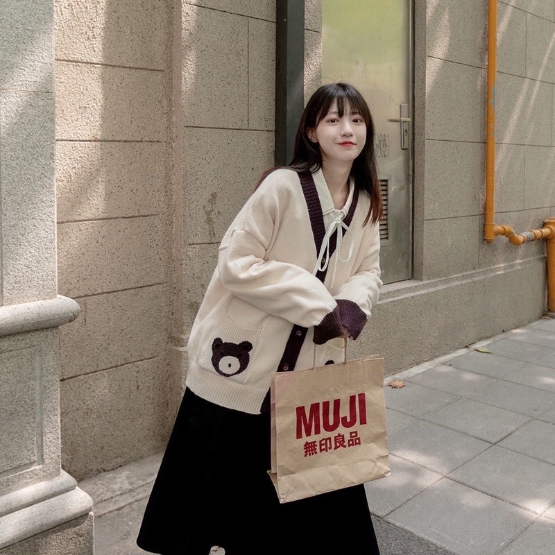 Áo cardigan nữ túi gấu chất len dày cao cấp, Áo khoác len dài tay nữ form rộng hai màu trắng nâu