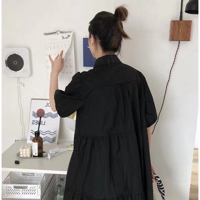 Đầm Chữ A Cổ Polo Tay Ngắn Dáng Rộng Plus Size Phong Cách Hàn Quốc