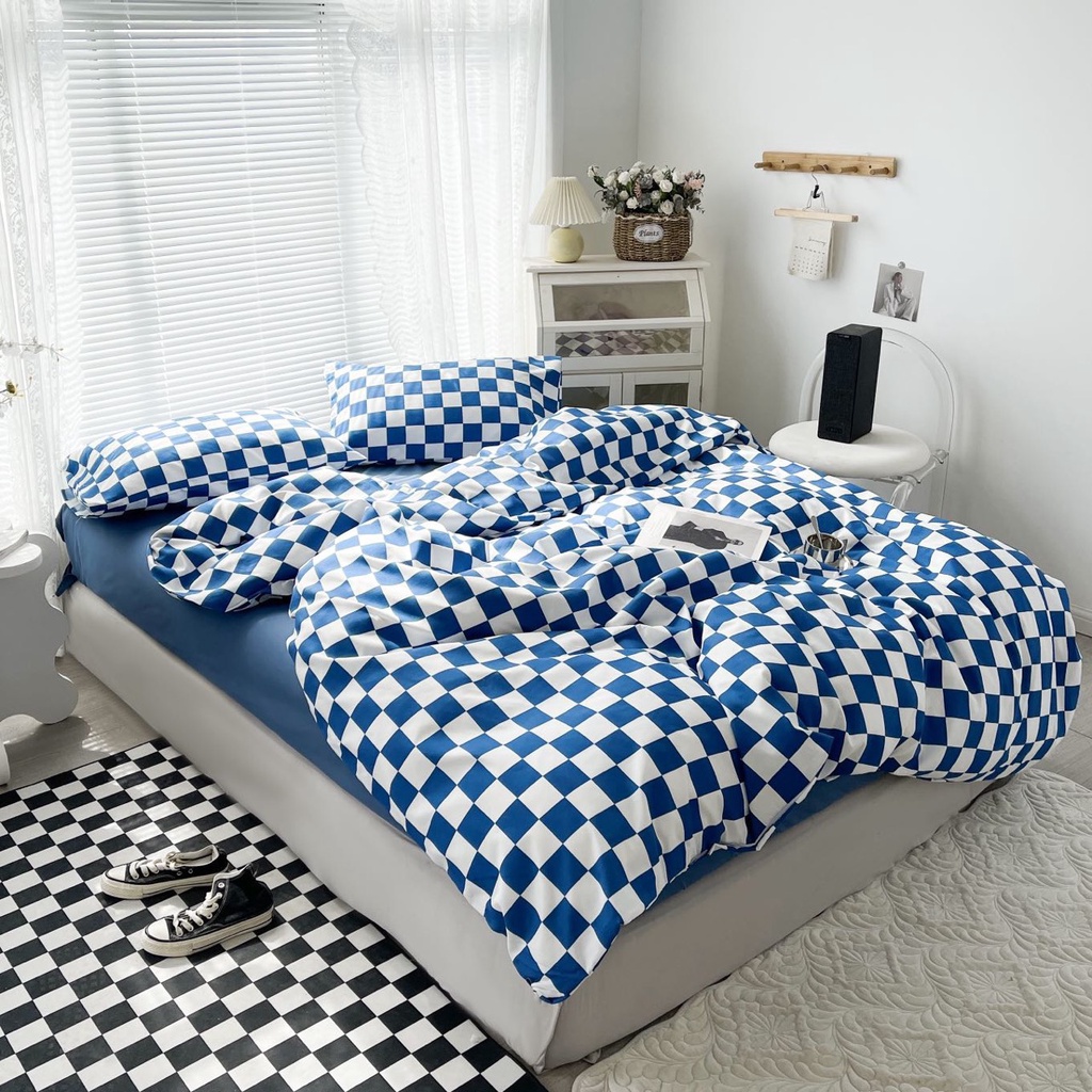 Bộ Chăn Ga Gối Cotton Tici Hizun Mẫu Kẻ Hiện Đại
