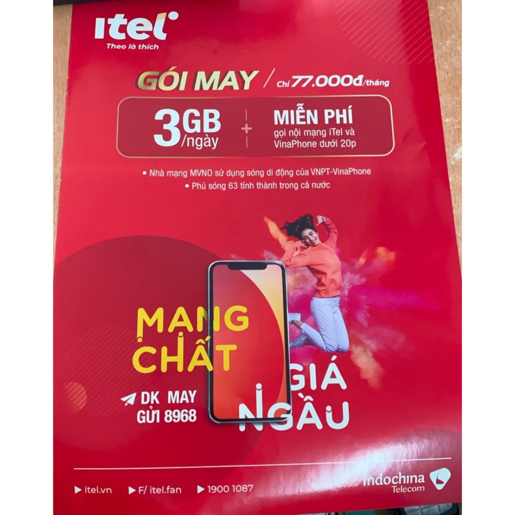 Sim 4G Vina- ITELECOM 90Gb, nghe gọi free vina, 90GB data tốc độ cao mỗi tháng, số chọn (SP1)