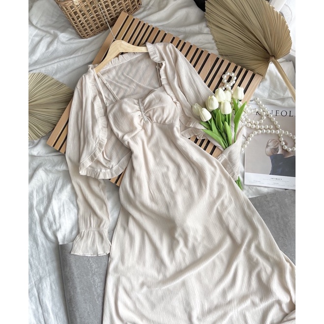 SET ĐẦM KEM 2 DÂY NHÍU CƯỜM MIDI + ÁO KHOÁC CROPTOP BÈO KEM