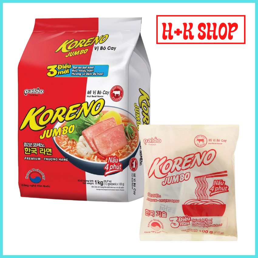 Mì Koreno Jumpo Vị Bò Cay, Vị Kim Chi, Túi 10 gói 100g MKRN01