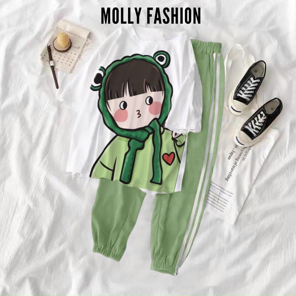 Set đồ bộ quần dài Jogger 2 Sọc XANH LÁ NHIỀU MẪU ❤️ Bộ hoạt hình form rộng Freesize Unisex nam nữ Molly Fashion
