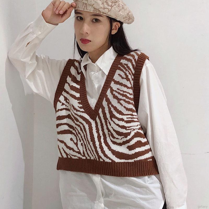 Áo Vest Dệt Kim In Họa Tiết Ngựa Vằn Kiểu Retro Hàn Quốc Cá Tính