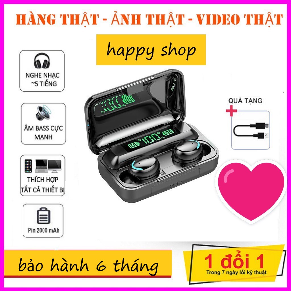 Hàng nhập khẩu - ( BH 6 TH )-Tai nghe Bluetooth TWS F9 5.0 cảm ứng có thể tăng giảm âm lượng cao cấp màu đen -Happy Shop