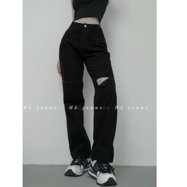 Quần jeans suông đen rách ngang 3347 ảnh thật chất dày dặn