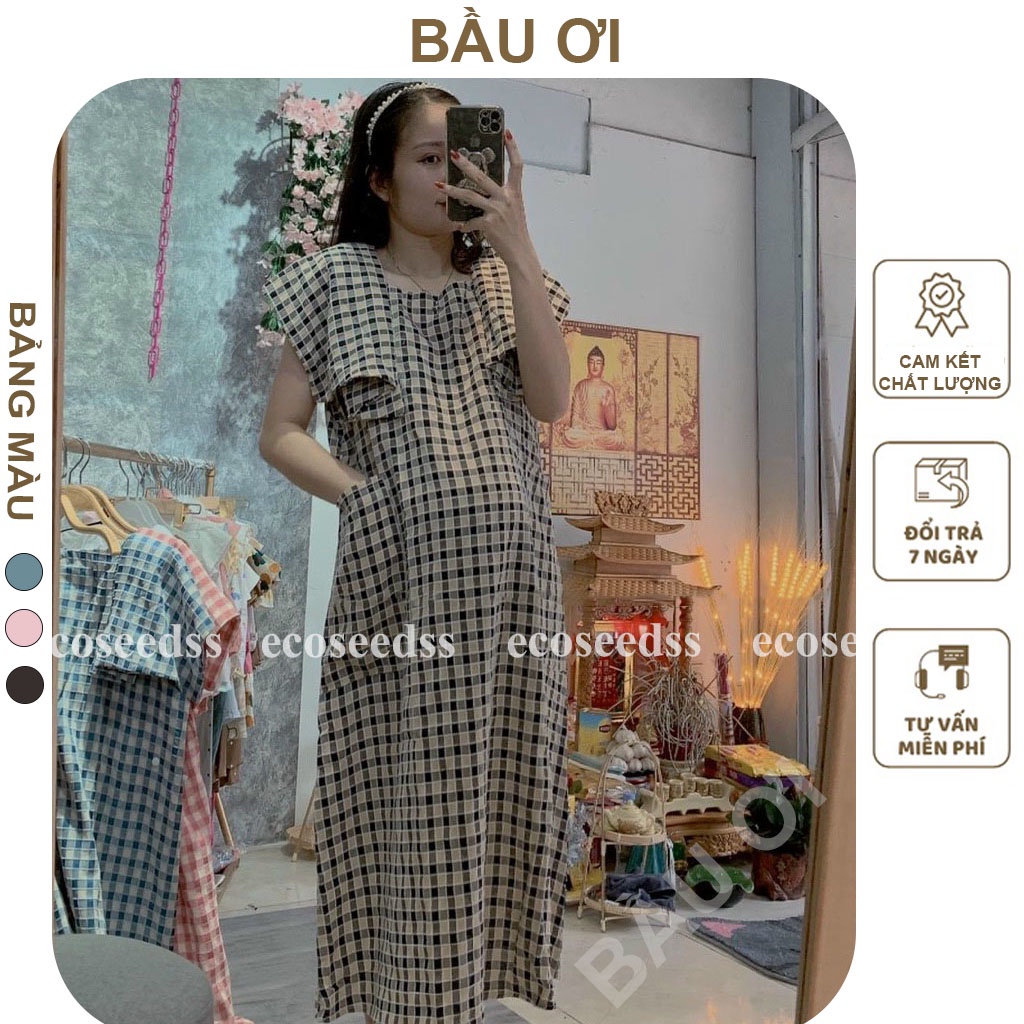 [BAUOII V57] VÁY BẦU KẺ CARO DÁNG SUÔNG CỔ VUÔNG CÓ TÚI - ĐẦM BẦU CÔNG SỞ THIẾT KẾ TRẺ TRUNG ĐI LÀM ĐI CHƠI ĐỀU ĐẸP