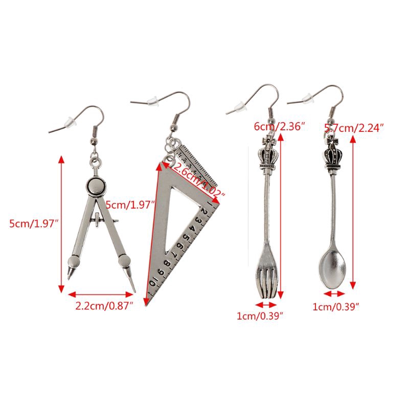 flgo* Harajuku Spoon Fork Triangle Ruler Asymmetric Earrings Antique Sliver Jewelry