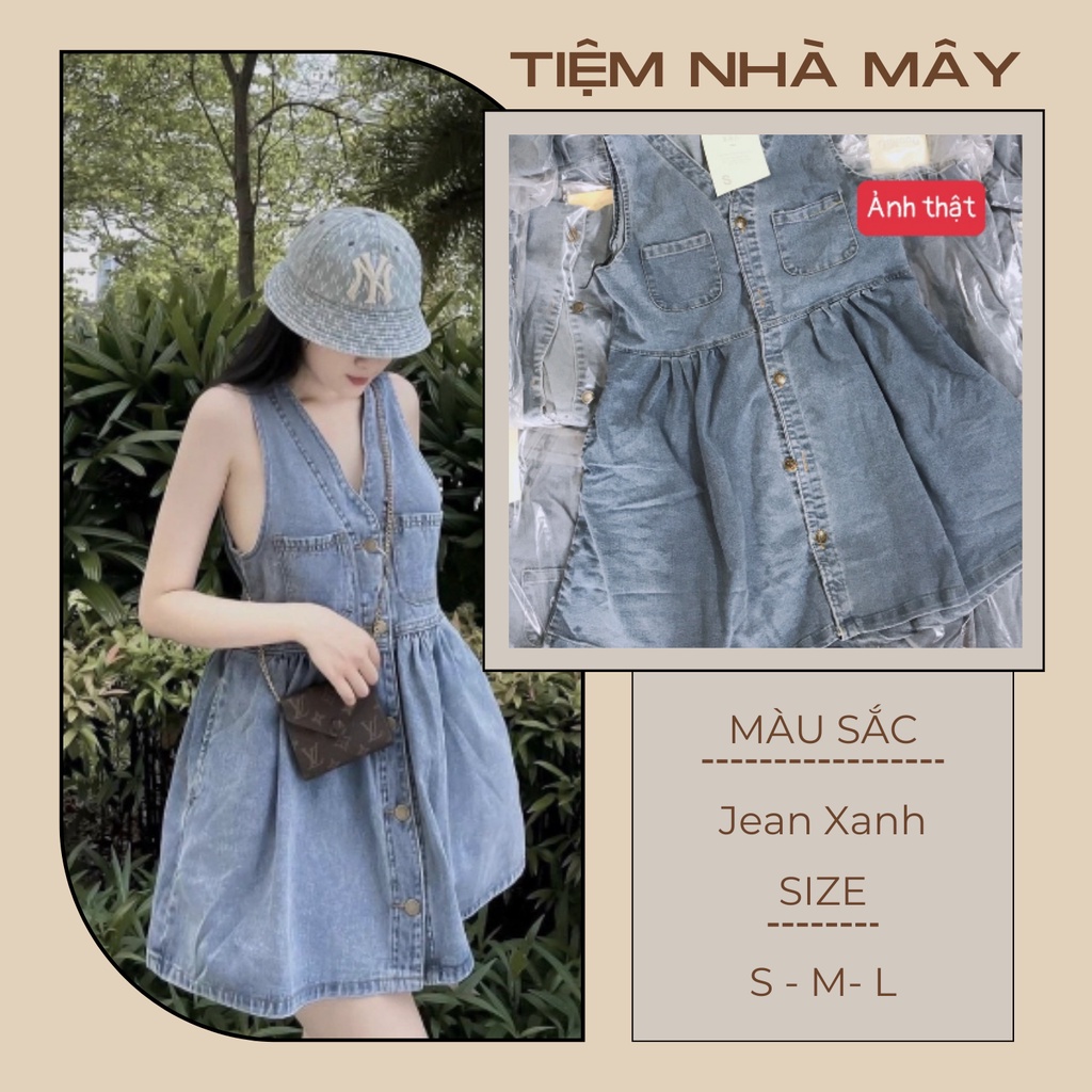 Váy Bò Sát Nách Dáng Babydoll hot 2022, Đầm Jeans Xanh Nữ Dáng Xòe Ba Lỗ 2 Túi Ngực
