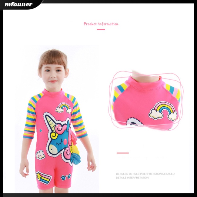 Bộ Đồ Bơi 2 Mảnh Dài Tay Cổ Đứng Khóa Kéo + Mũ Chống Nắng Hoạt Hình Dành Cho Bé Gái