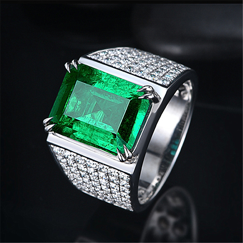 Nhẫn Thép Titan Mạ Bạc 925 Đính Đá Zircon Xanh Lá Thời Trang Cho Nam