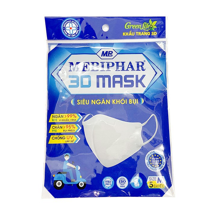 [SET 5 CÁI] Khẩu trang ngăn khói bụi/ vi khuẩn PM2.5 3D Mask Mebiphar cho người lớn ( giao màu ngẫu nhiên)