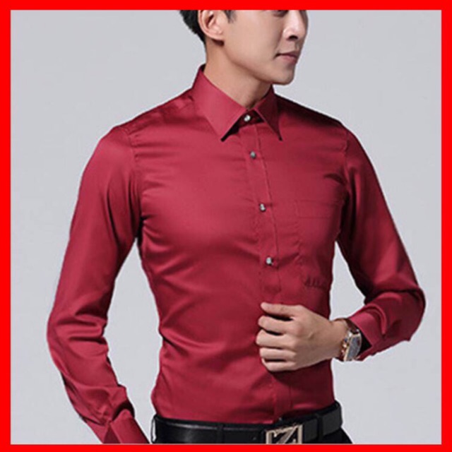 ÁO SƠMI NAM MÀU ĐỎ ĐÔ DÀI TAY VẢI LỤA GẤP HỘP CAO CẤP-GH09