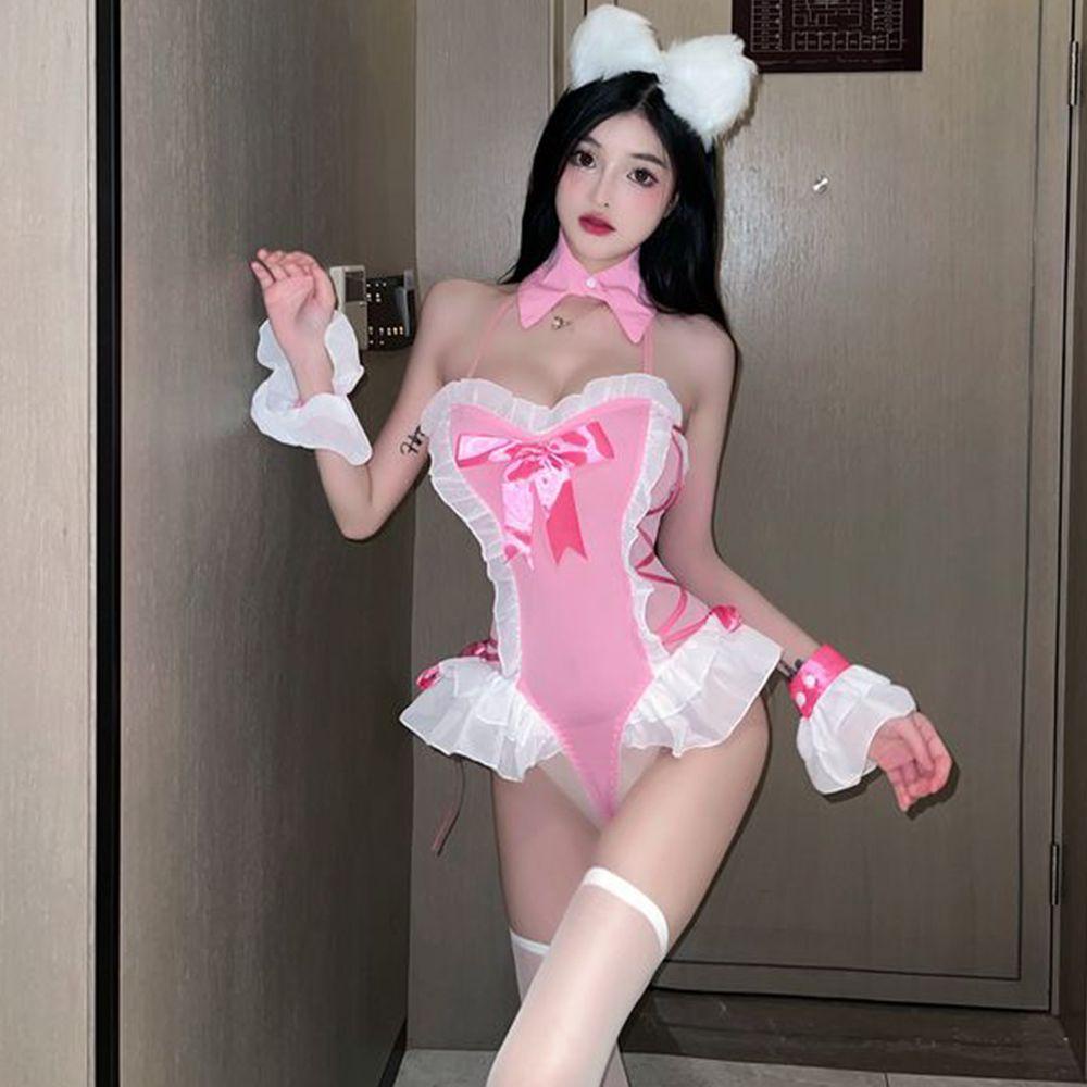 Đồ Ngủ Polyester Hóa Trang Thỏ Trắng Hồng Hở Lưng Dây Chéo Gợi Cảm Cho Nữ