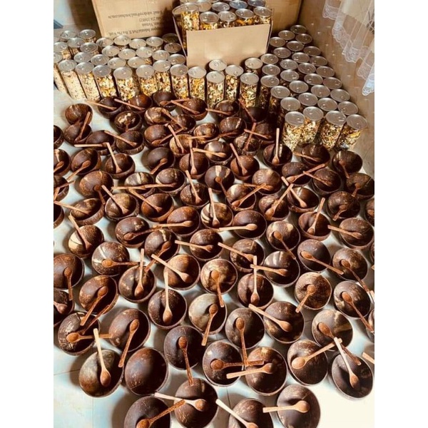 Bộ bát gáo dừa muỗng gỗ cao cấp ăn ngũ cốc, trộn bột