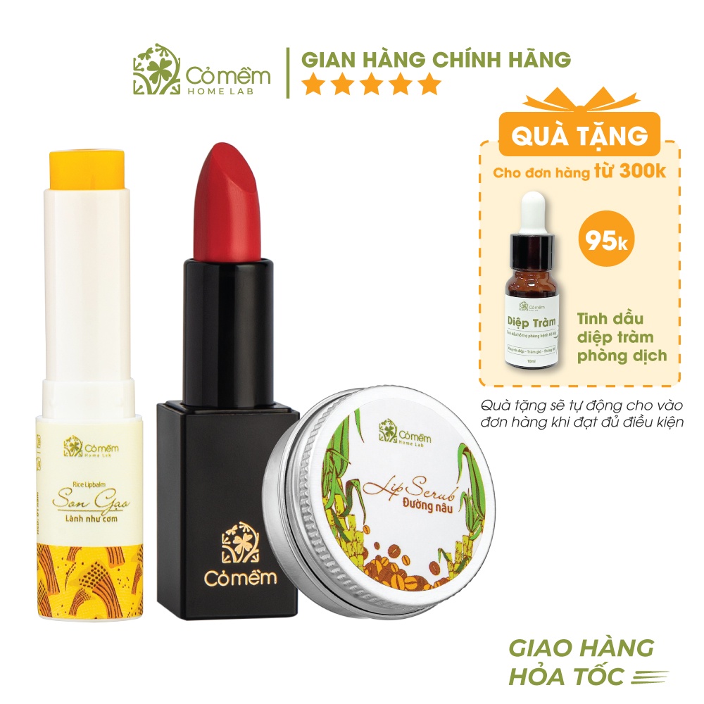 Combo Môi Hồng Cỏ Mềm Gồm Son Lụa Không Chì, Son Gạo Dưỡng Môi Và Tẩy Da Chết Môi Cỏ Mềm 20g