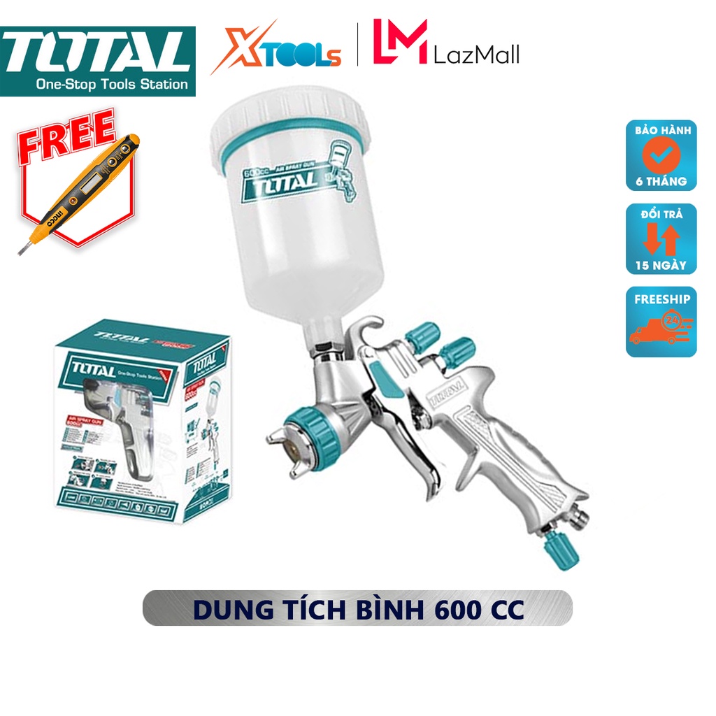 MÁY PHUN SƠN DÙNG KHÍ NÉN TOTAL TAT10605, súng phun sơn dùng khí nén 1.3mm, dung tích bình 600cc, áp suất 2bar