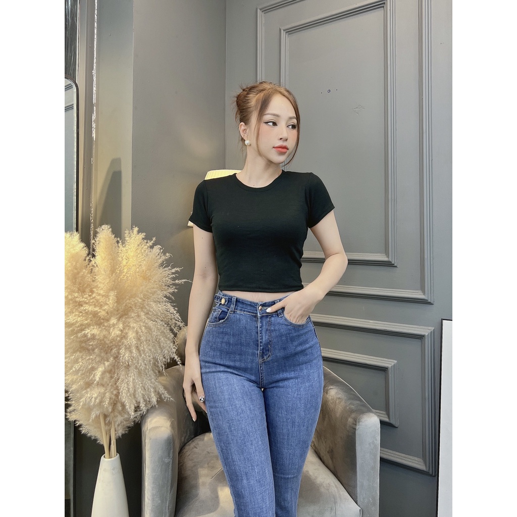 Áo thun croptop nữ CRAZYTEEN cổ tròn tay con AT0220