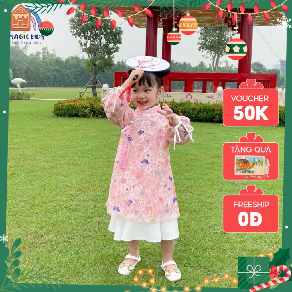 Áo dài Tết dáng cách tân phối ren kèm chân váy cho bé gái 2 3 4 5 6 7 tuổi có size lớn Bonkids mẫu áo dài mới 2022