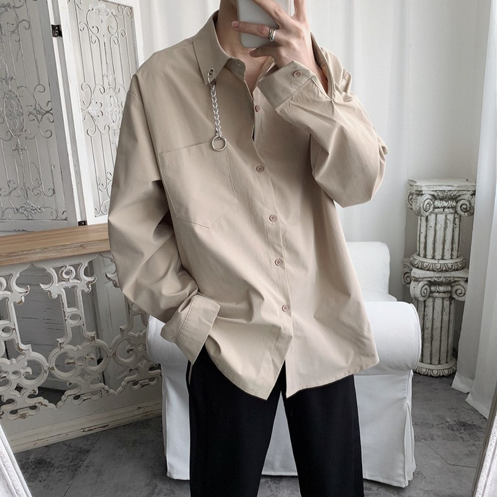 Áo sơ mi nam form rộng phối khoen cổ tay dài - ASM11