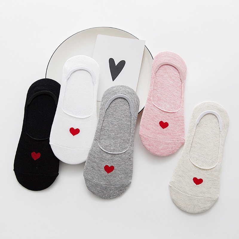 Vớ Lười Nữ Cute, Vớ Nữ mang giày lười họa tiết trái tim, Cotton dày dặn, có đệm cao su chống trượt gót
