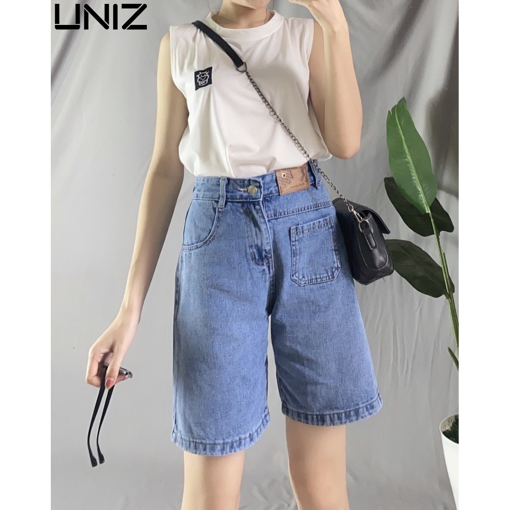 Quần Short Nữ Túi Trước UNIZ Q9015 (2 Màu), Ulzzang, Dáng Lửng, Cạp Cao, Ống Rộng Vừa, Vải Jean, Co Giãn, Mềm Nhẹ