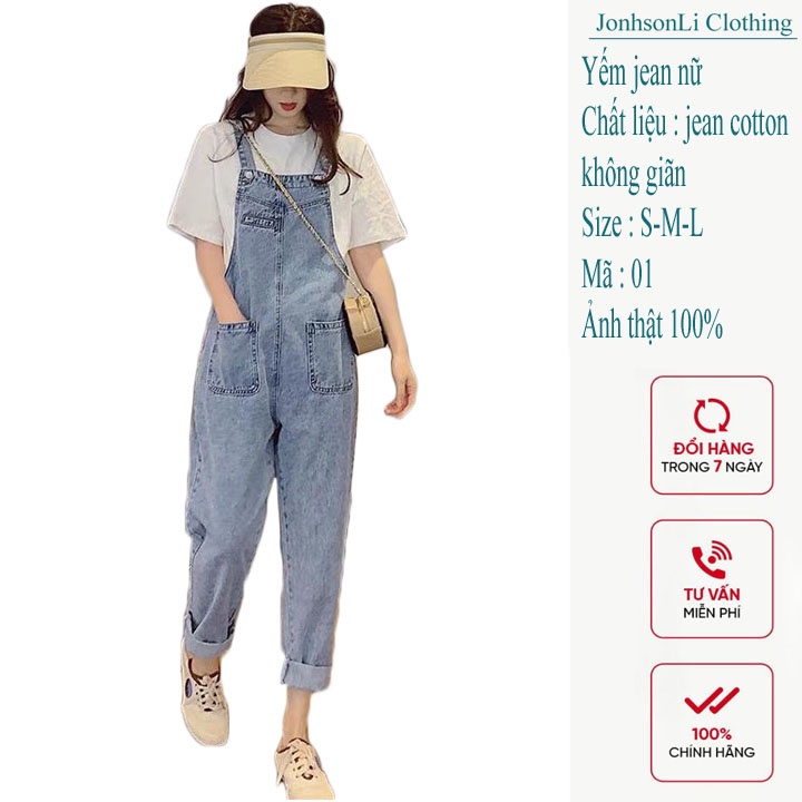 Quần yếm jean dài trơn JohnsonLi, vải denim mềm mịn, không co giãn, JL04