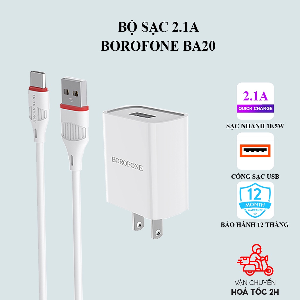 Sạc iphone android Borofone BA20 : Củ sạc USB 2.1A và cáp sạc dành cho iphone, android