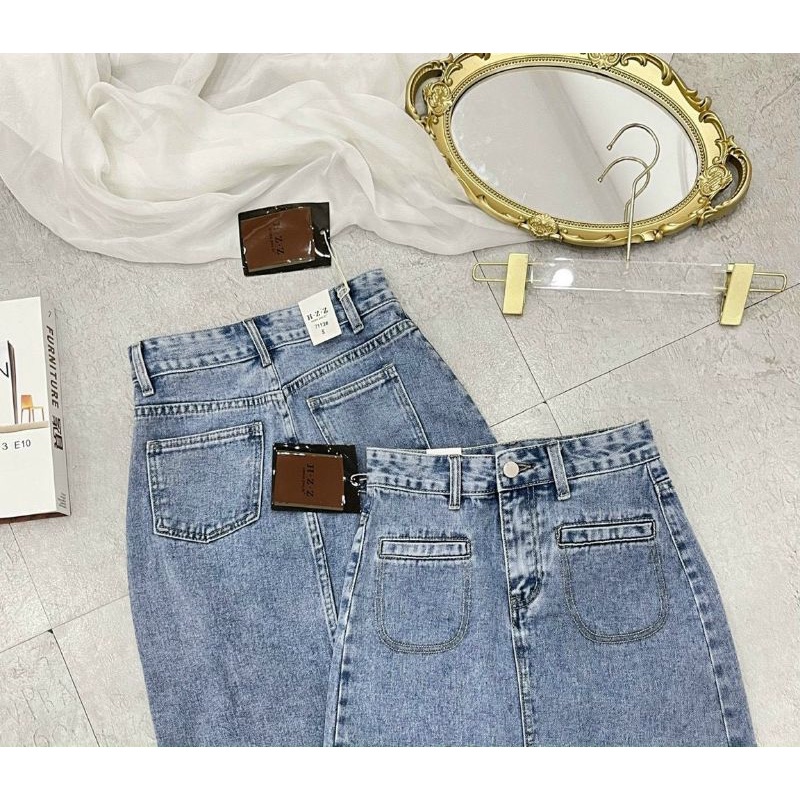 Chân váy bò nữ túi ngang xẻ trước