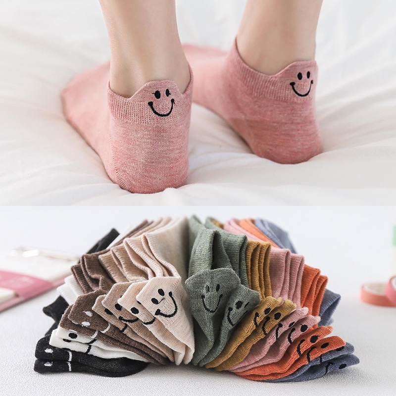 Vớ cotton cổ thấp màu trơn thêu họa tiết mặt cười dễ thương chống trượt dành cho nữ sinh