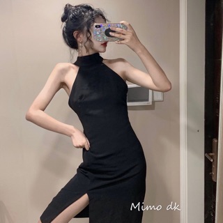 Váy cổ yếm halter ôm body thắt nơ lưng hở lưng trần xẻ tà