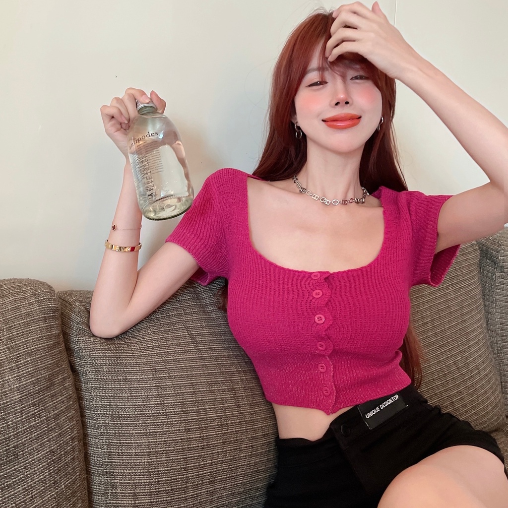 【Hana and Alice】Áo Thun Cardigan Dệt Kim Cổ Vuông Tay Ngắn Lưng Cao Thiết Kế Quyến Rũ